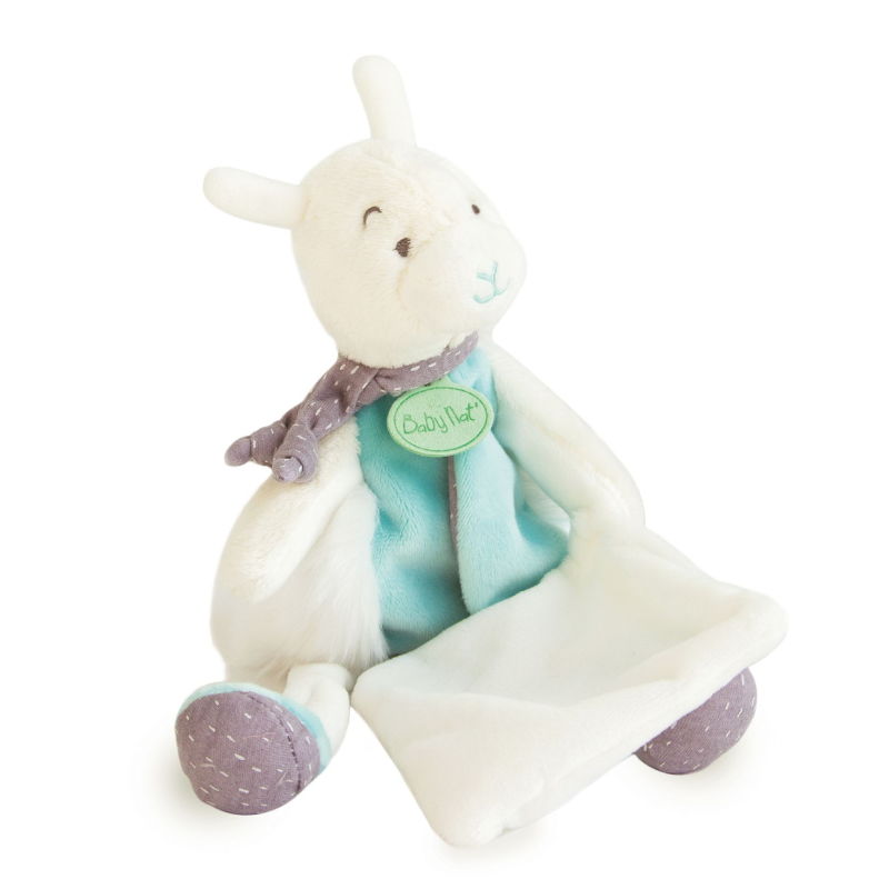  - petits voyageurs - mouchoir lama blanc bleu 28 cm 